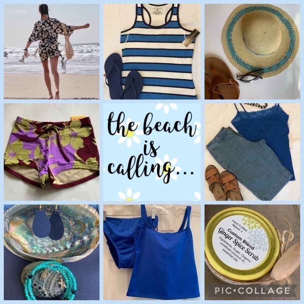 Beach, coastal vibe! Kimonos, swim suits, swim cover ups, sun hats, sandals